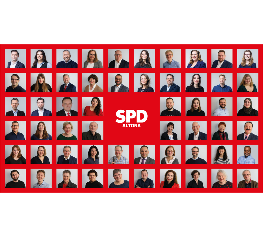 Blick schräg von unten auf das SPD Logo des Max-Brauer-Hauses, die Geschäftsstelle der SPD Altona